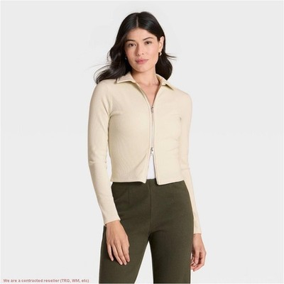 Women's Brushed Ribbed Polo Zip-Up Jacket - A New Day Cream M *SEE DEAL!!!*