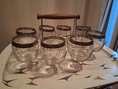 MCM 8 Mid Century Roly Poly Glass Set Caddy Atomic Vintage Lot Prop Barware 1960