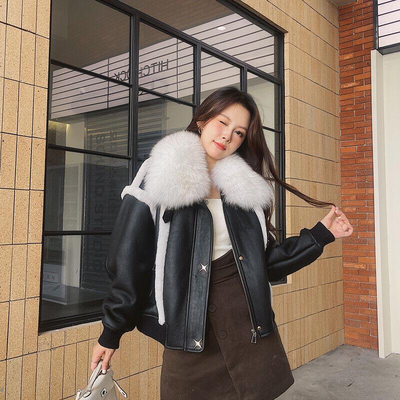 Women's Fox Fur Collar Jacket Winter Short Wool Fox Fur Leather Slim