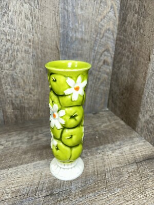 Vintage Hand Painted Green Apples & Daisies Vase, 7'' by Inarco, Japan circa 1967