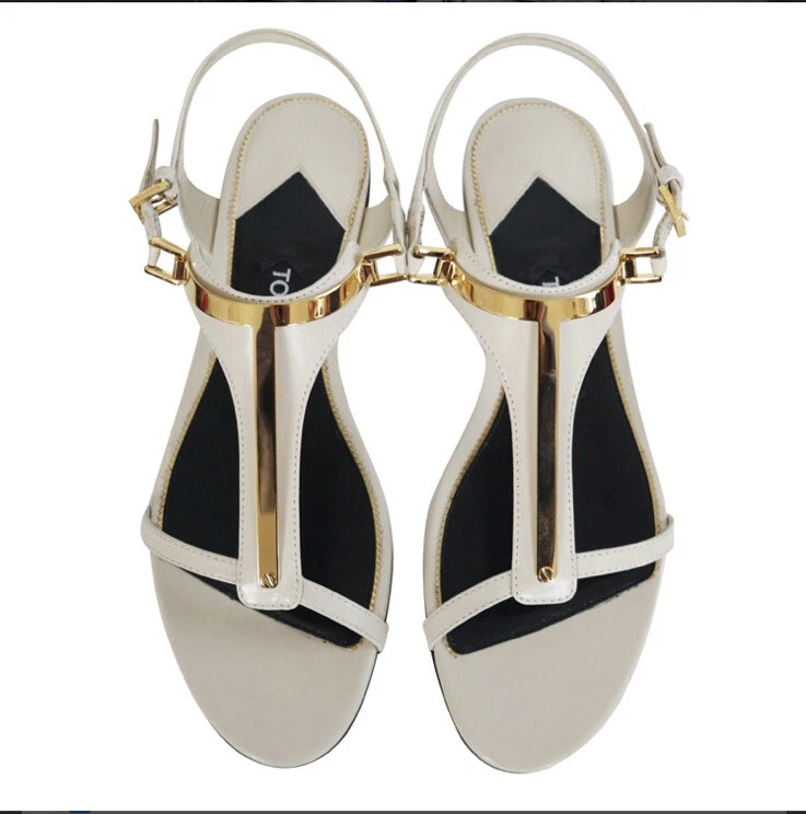 Tom Ford Rare Gold T Bar Leather Flat Sandals in Ivory size 5.5