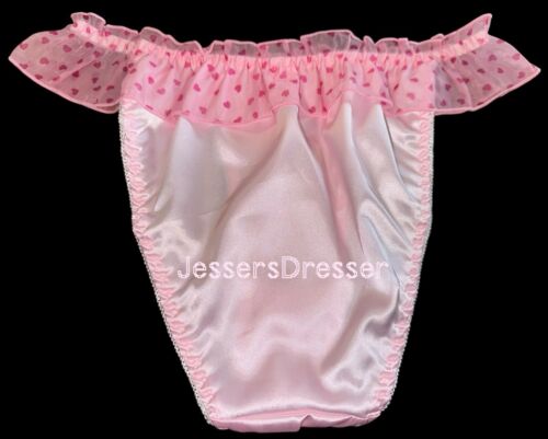 Cute Pink Satin w Heart Print Sheer Chiffon Flutter Sides Bikini Panties XL New - Picture 3 of 5