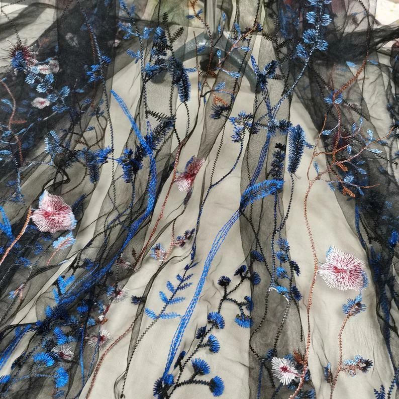 Lace Fabric Embroidery Colorful Floral Mesh Bridal Wedding Dress Fabric By Yard - Image 3 of 4