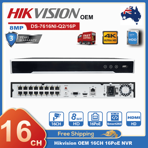 HIKVISION OEM NVR 16CH 16POE 4K 16 Channel Security DS-7616NI-Q2/16P CCTV System - Picture 1 of 10