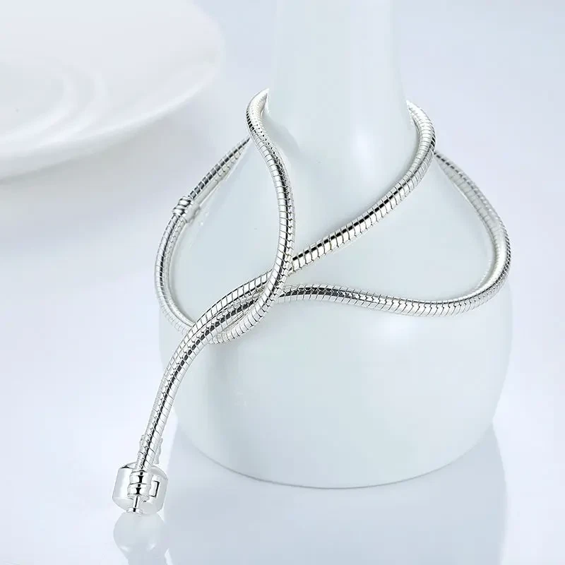 Fashion 45CM Silver color Snake Chain Necklace Pendant Fit Original Beads Charms — 第 4/4 张图片
