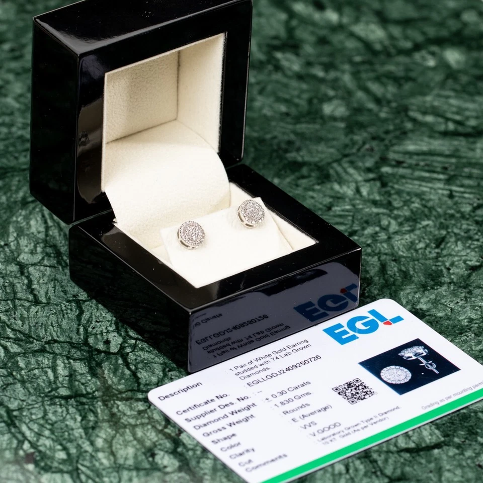 Aretes redondos de diamantes creados en laboratorio con círculo de 0,30 quilates de oro blanco de 10 quilates de hip hop Foto 3 de 4