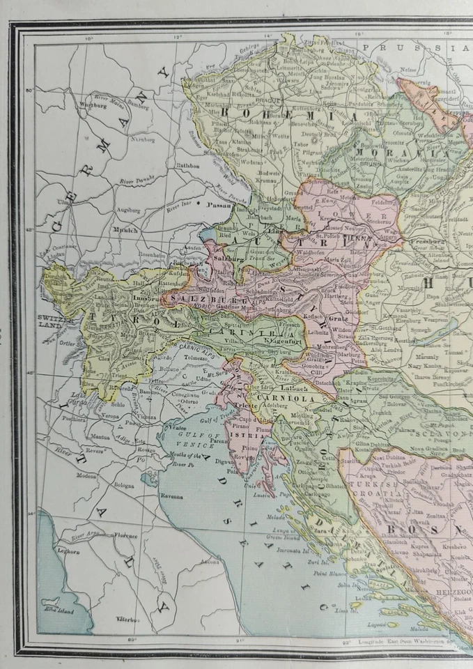 Винтажная карта Австрии 1886 г. 13 x 11 дюймов ~ старая антикварная оригинальная ГРАЦ ИНСБРУК ВЕНА - Изображение 3 из 4