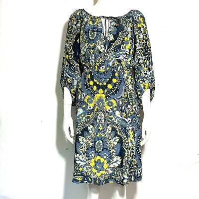 Trina Turk Women Silk Floral Summer Peasant Dress Tie-Neck Elastic Knee  Yellow