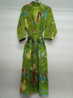 Bird Printed Cotton Kantha Kimono Hippie Maxi Women Nightwear Gown