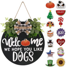 Wooden Seasonal Welcome Sign, Dogs Sign Front Door Wreaths for Home, All Season