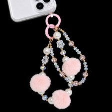 Phone Chains - Pink Pom Pom Pearl Beaded Keychain