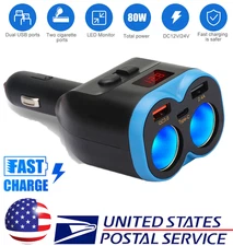 2 Way Car Cigarette Lighter Socket Splitter Dual USB QC3.0 Charger Power Adapter
