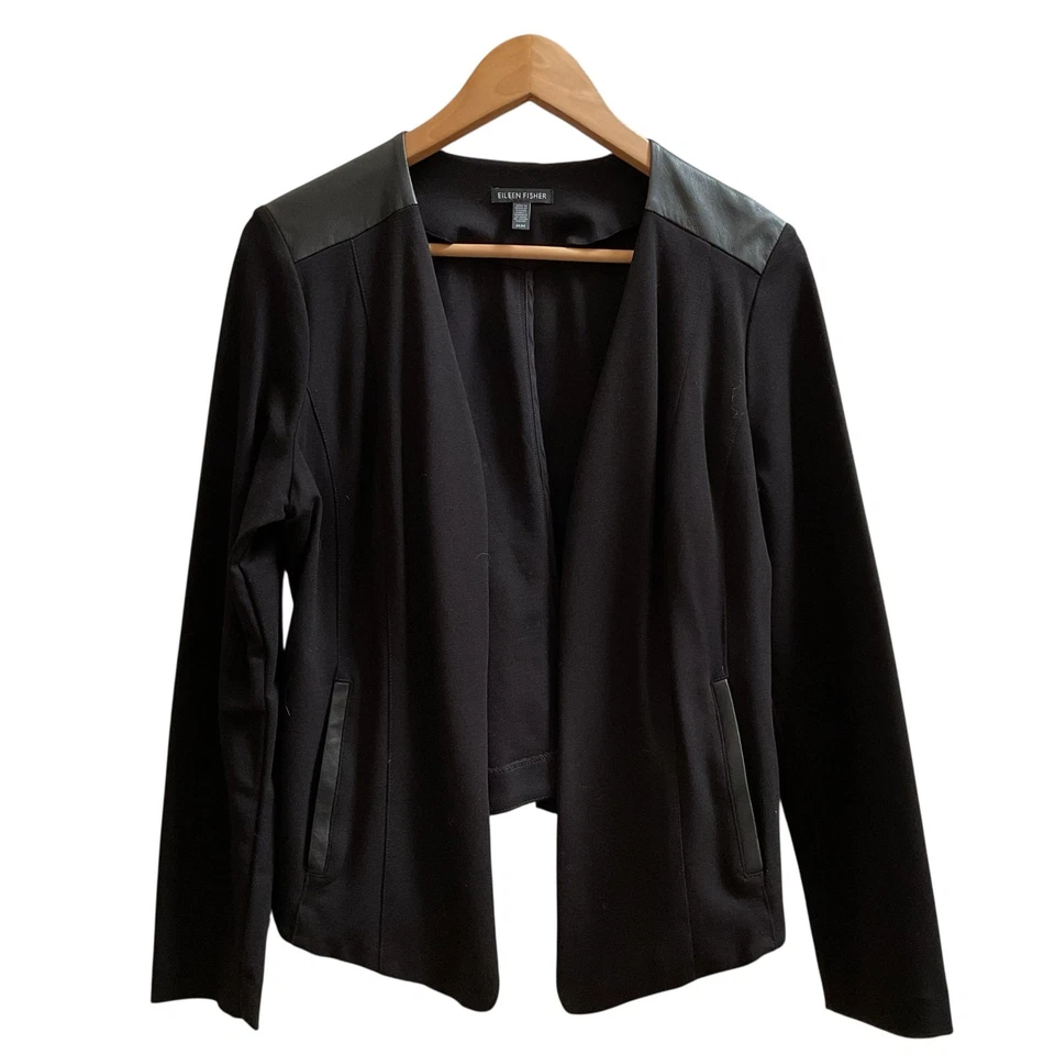 Chaqueta mediana Eileen Fisher Ponte mezcla de viscosa cuero elástico detalle ribete  Foto 4 de 4