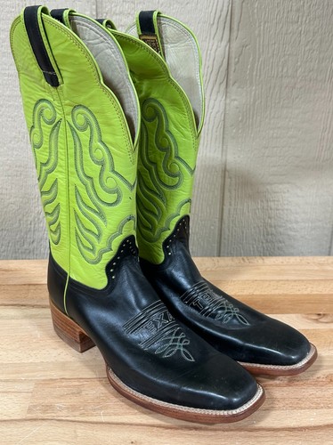 HONDO BOOTS Womens 9.5 B Cowboy Western Lime Green Black Bullhide Leather