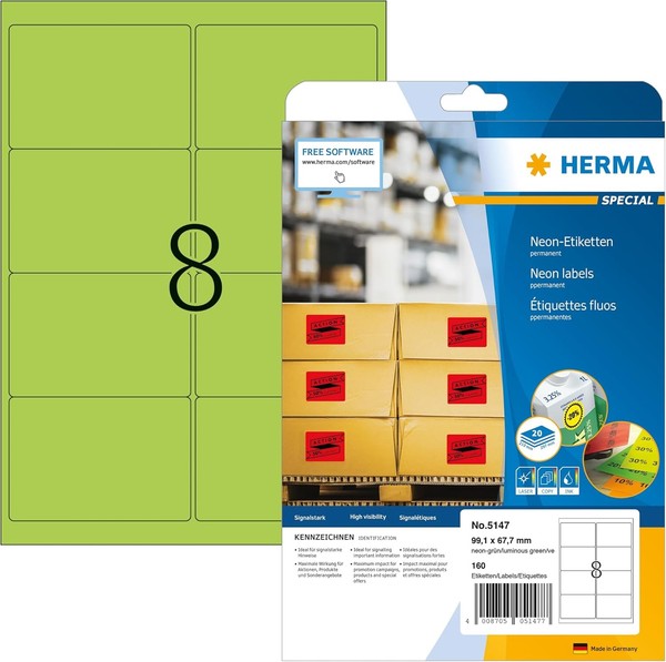 Herma 5147 Farbige Etiketten Neon GrüN, 20 Blatt, 99,1 X 67,7 Mm, 8 Pro A4 Bogen-image
