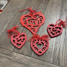 Lot of 4 Heart Shaped Glittery Red Heart Hanging Ornaments. Valentines Day Decor