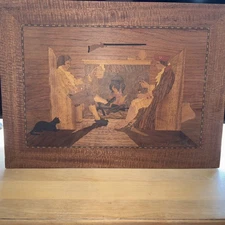 Vintage Old Marquetry Wood Inlay Picture 14" x 19” An old colonial tavern