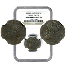 1774 Great Britain 1/4 Penny Farthing, MINT ERROR, TRIPLE STRUCK, NGC F12 BN