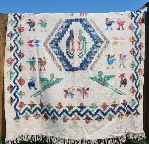 Coperta lana vintage tessuta a mano guatemalteca Maya Momostenango arte popolare 74" x 90" - Foto 3 di 19