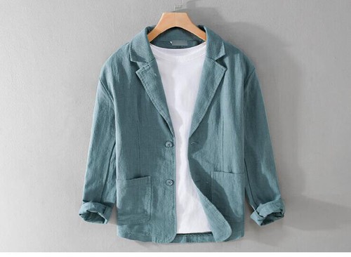 Casual Cotton Linen Blazer Two Button Suit Formal Business Jacket Lapel Men Coat - Picture 15 of 28