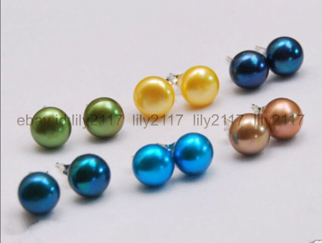 Wholesale 6 Pairs 7-8mm Multicolor Akoya Cultured Pearl 925 Silver Stud Earrings