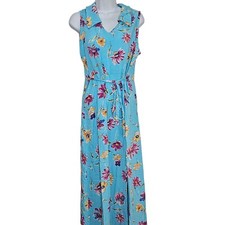 Vintage 90s Sleeveless Shirt Dress Womens M Blue Floral Rayon Tie Waist Summer