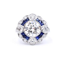 Art Deco 2.8Ct Round Cut CZ Blue Sapphire Halo Engagement Ring In 925 Silver