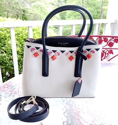 Kate Spade Margaux Cream Navy Jeweled Leather Satchel/Crossbody Optic  White