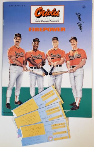 Programa de los Orioles de Baltimore 1991 Cal Ripken Streak firmado por José Mesa y 3 boletos - Imagen 1 de 1
