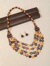 Wooden Beads Multi Layered Boho Style Necklace Set App. 28"