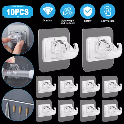 10PCS Nail Free Adjustable Curtain Rod Clip Brackets Self Adhesive Holder Hooks