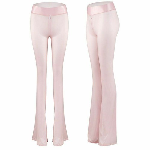 Shiny Silky Zipper Long Pants Sheer Bell Bottom Flare Trousers Stretch Leggings - Foto 5 di 18