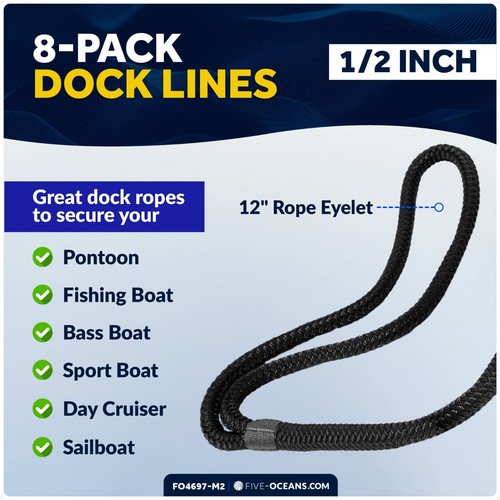1/2" x 15' Boat Dock Lines w/ 12" Eyelet Black Double Braid Nylon 8-Pack - Picture 5 of 8