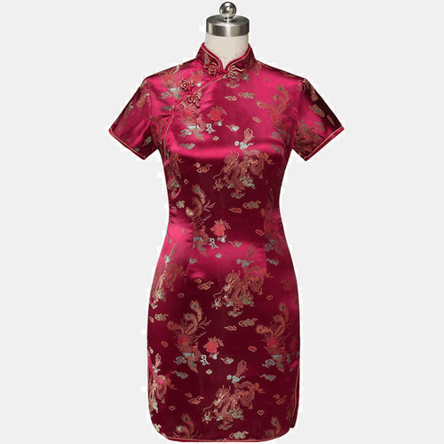 Mandarin Collar Cheongsam Chinese Dragon Print Side Slits Qipao Dress S NEW - Picture 3 of 16