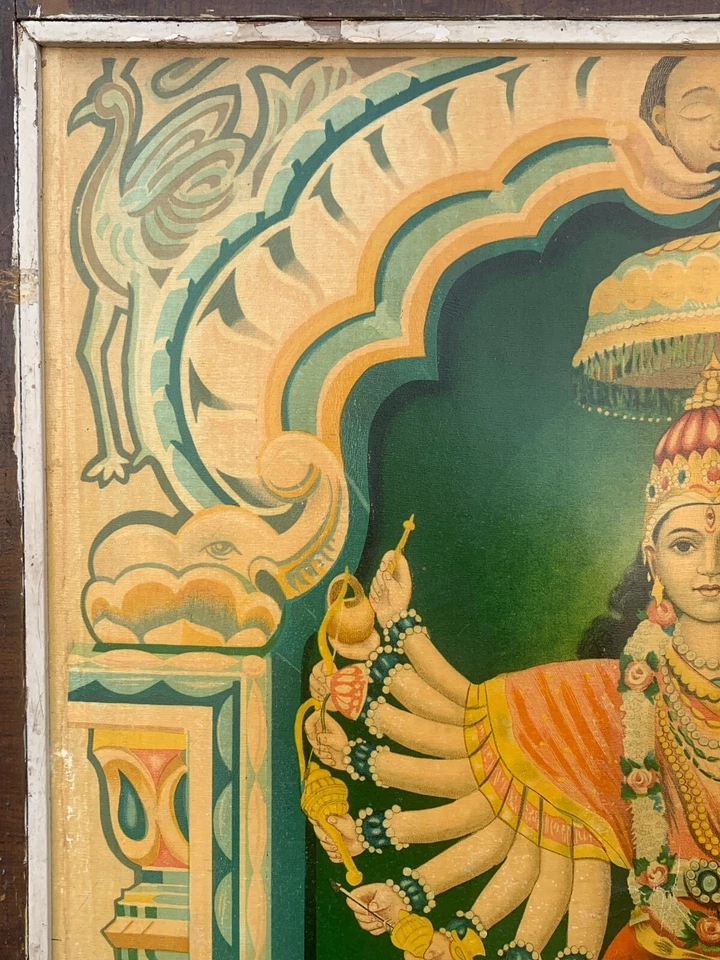 Antigua impresión litográfica de la diosa de adoración hindú Durga de colección de 1900 con marco de madera Foto 3 de 4