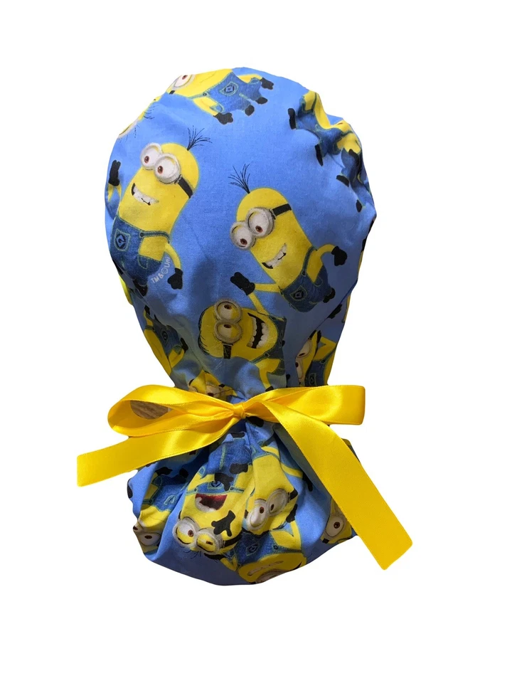 Minions SATIN LINED Scrub Cap Ponytail Hat Long Hair Protection Nurse Hat - Image 2 of 4