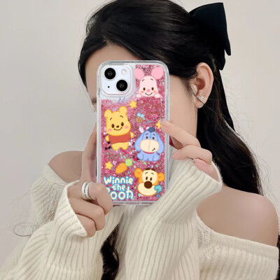 For Various Phone Quicksand Liquid Bling Glitter Winnie Bear Hot Women Girl Case