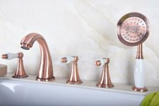 Red Copper Widespread Bathtub Faucet 5 Hole Roman Tub Mixer Tap with Hand Shower
