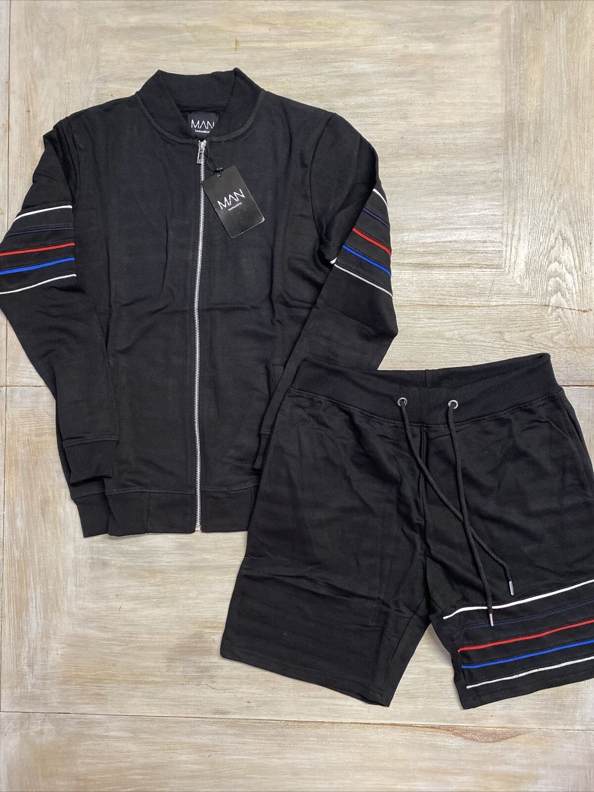 Mens Tracksuit Set Small Track Top & Shorts Black Boohoo Man RRP £60