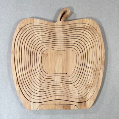 Collapsible Folding Spiral Cut Wooden Apple Shaped 11.75  Fruit Bowl