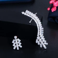 Silver Plated CZ Asymmetric Baguette Sweep Wrap Cuff Stud Ear Climber Earrings