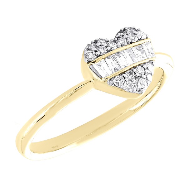 10K Gelbgold Rund & Baguette Diamant GewöLbter Herz Rechts Liebe Ring 1/4 Karat-image