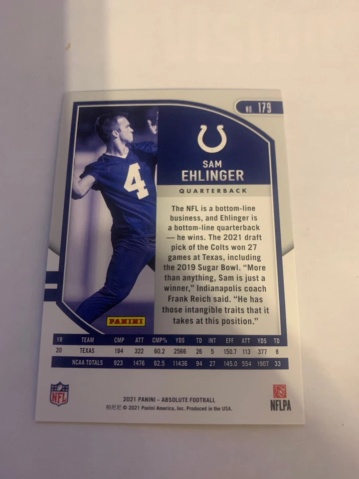 2021 Panini  Absolute Sam Ehlinger RC -Colts - Image 2 of 2