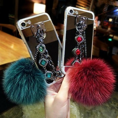 Luxury Bling Diamond Chain Make-up Mirror Fur Plush Ball Case Cover For Samsung