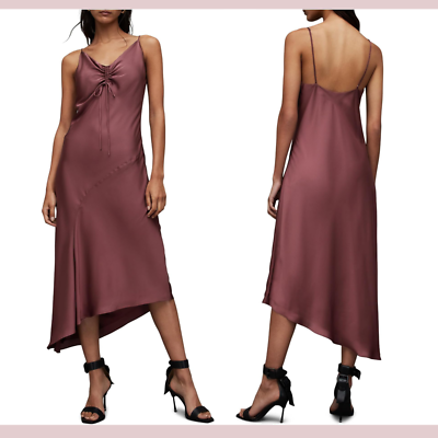 NWD $199 ALLSAINTS [ 2 ] Alexia Drawstring Midi Slip Dress in