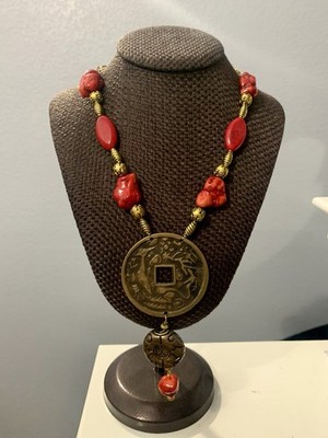 Asian Coin with Square Hole Coral Gold Tone Beads Statement