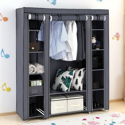 5-Tier Fabric Closet Storage 12-Cube - Zipper Door, Hanging Rod & Gray Wardrobe
