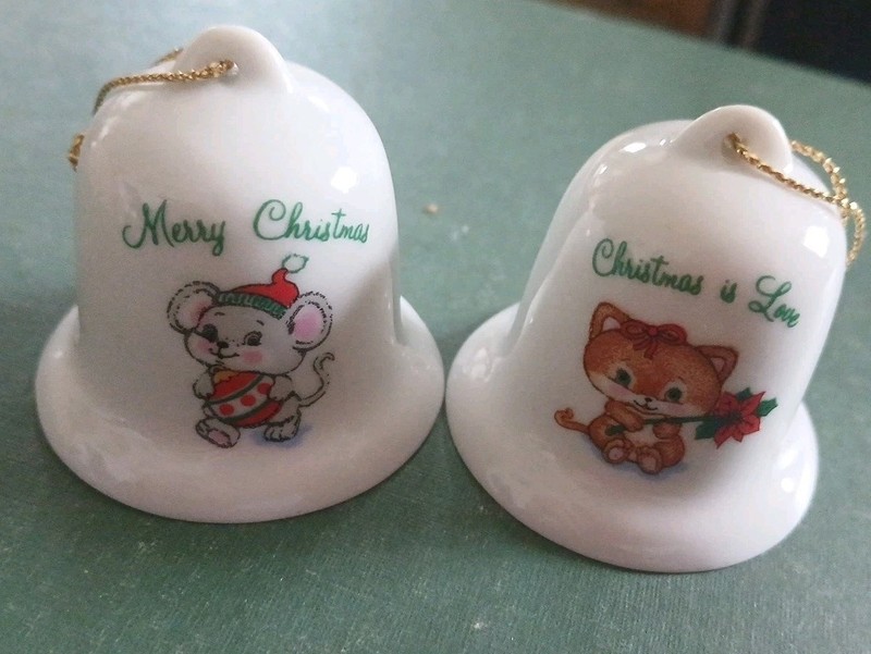 2 Christmas Vintage Russ Berrie Santa Cat & Mouse Ornament Porcelain Bells 1980s