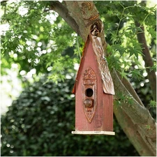 Glitzhome Hand Painted Distressed Hanging Wood Bird House for Outdoors Red 