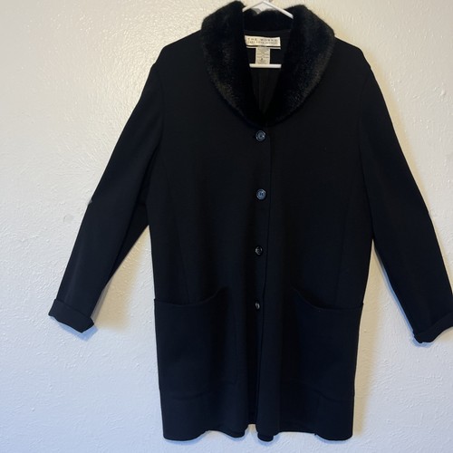 SAKS FIFTH AVENUE "The Works" Women's Long Coat Fur Collar Merino Wool Black XL - Picture 4 of 13